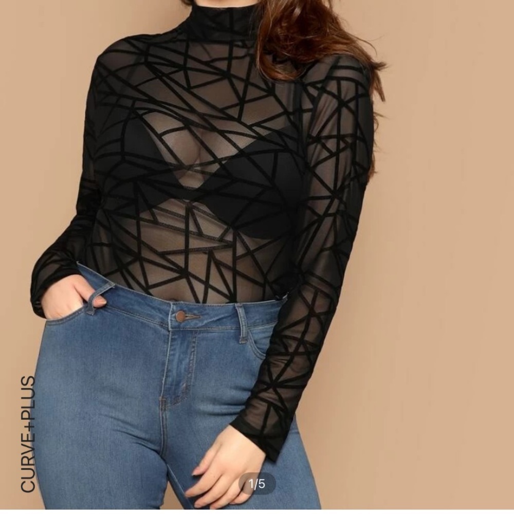 SHEIN mock-neck Geo mesh top